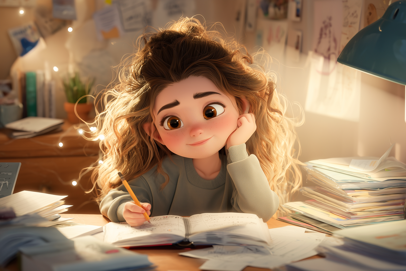 ילדה חושבת ועושה שיעורי בית