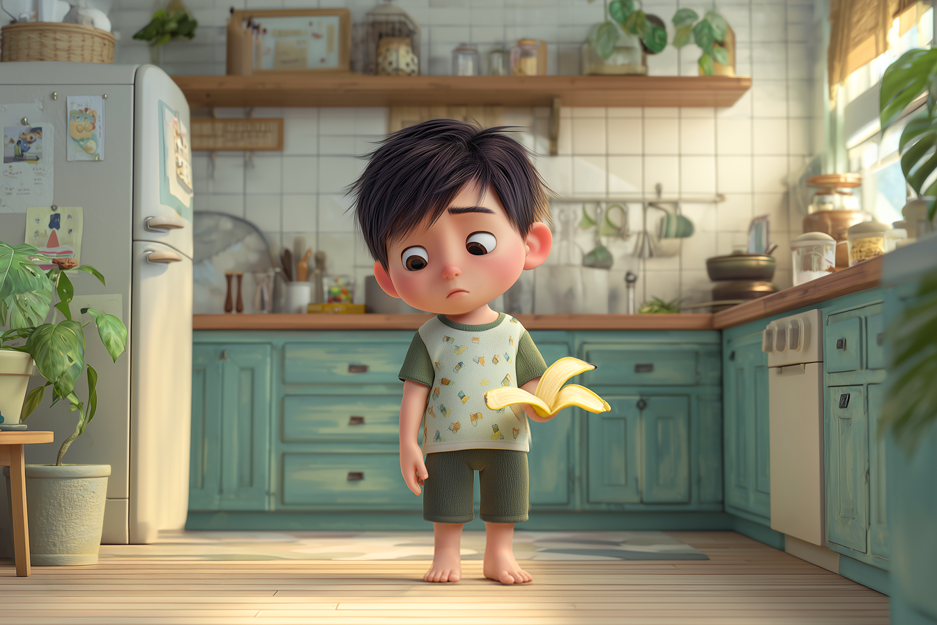 ילד עצוב מחזיק קליפת בננה