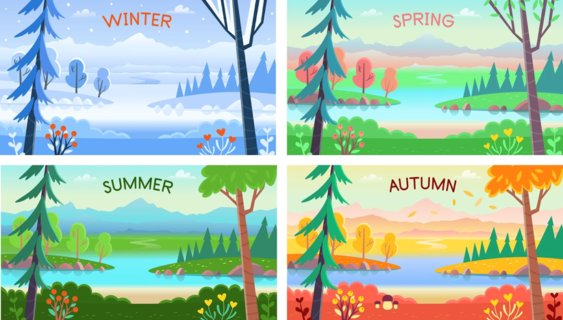 ארבעת עונות השנה: Spring = אביב , Summer = קיץ , Fall = סתיו , Winter = חורף