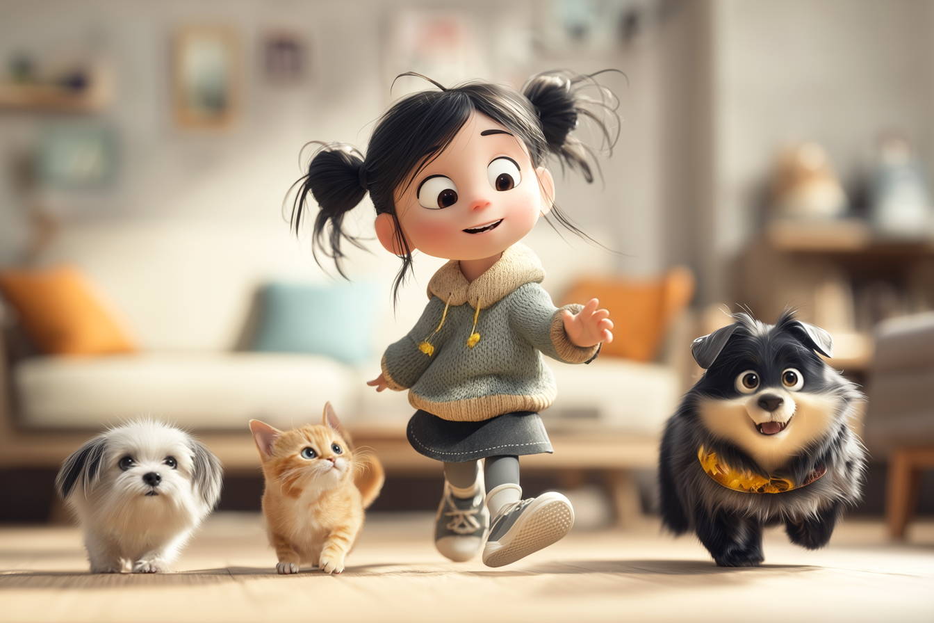 ילדה עם שני כלבים וחתול
