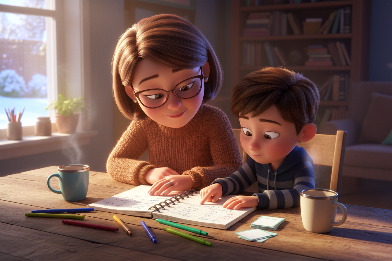 הורה וילד יושבים ליד שולחן, בוחנים יחד את הפתק באנגלית, והילד כותב שוב משפט משופר