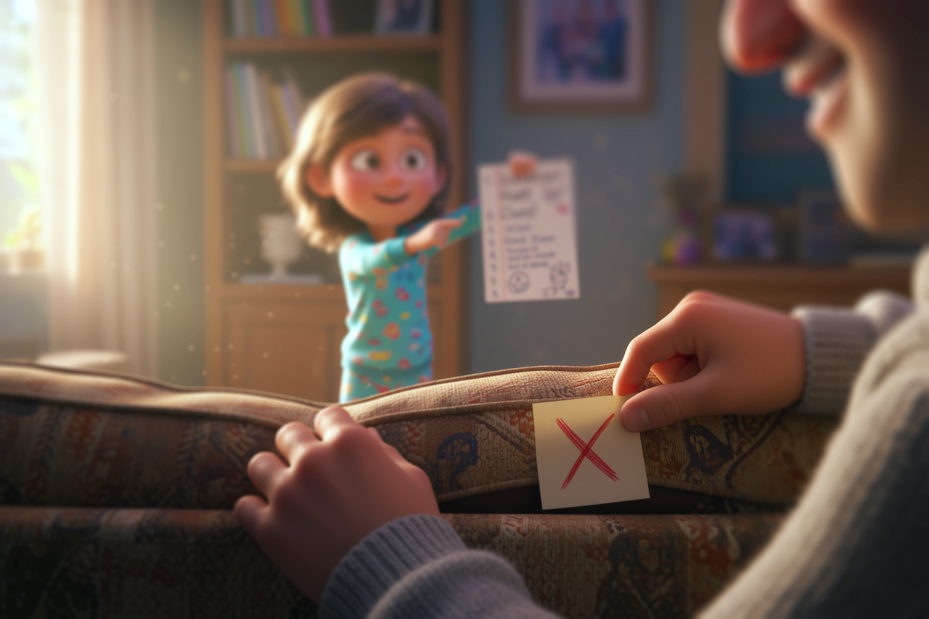 הורה מחביא רמז מתחת לכרית ספה וילד מסתכל בהתרגשות מחזיק רשימת מילים באנגלית.