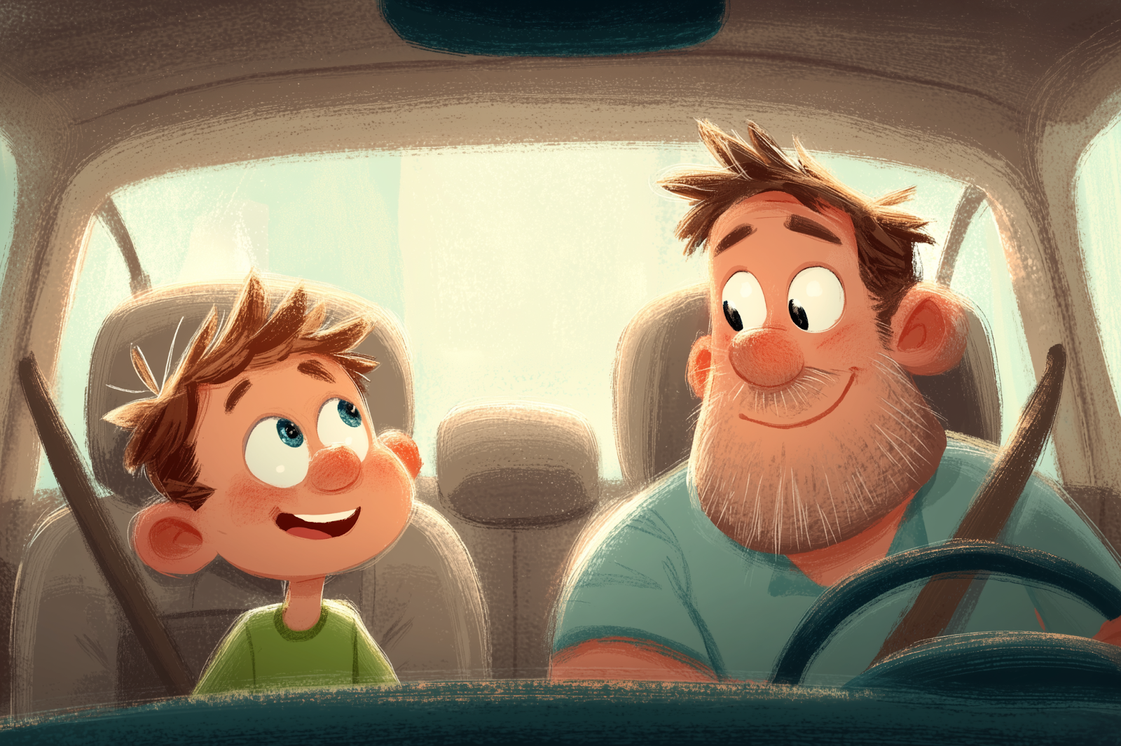 ילד והורה בשיחה ספונטנית ברכב