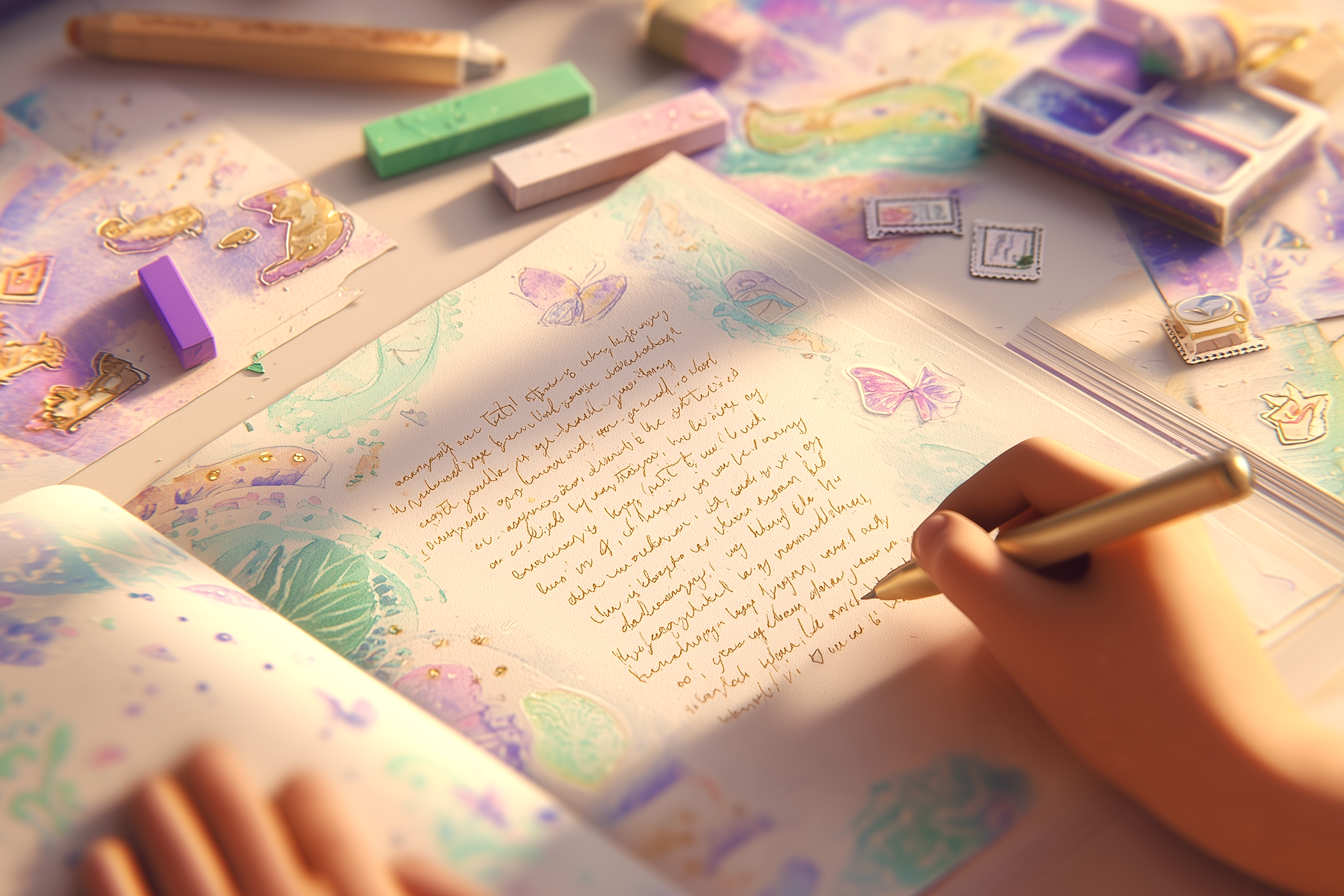 ילד כותב פתק קטן באנגלית על נייר צבעוני, עם עפרונות מדבקות סביבו.