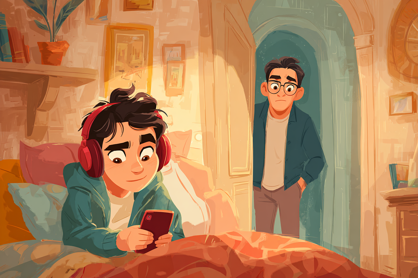 ילד מתבגר עם אוזניות בחדר