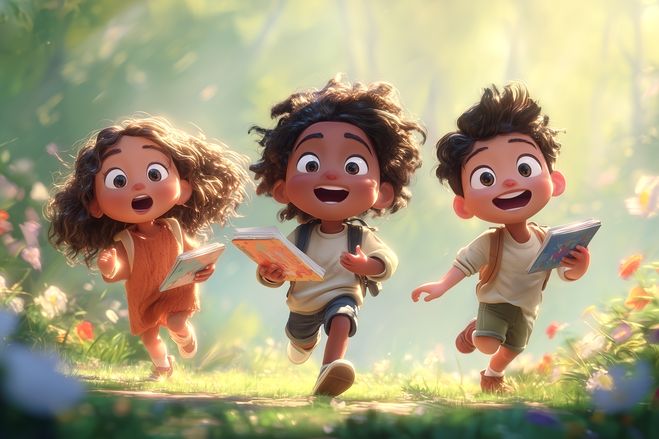 קבוצת ילדים רצים בגינה עם קלסרים וכרטיסיות רמזים באנגלית ביד