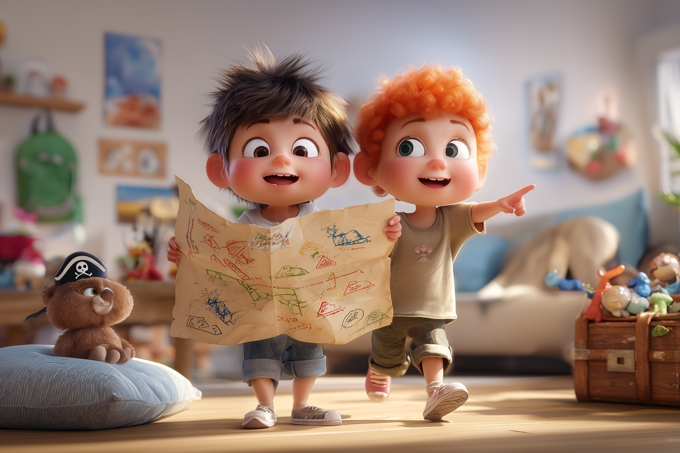 שני ילדים מחזיקים מפה עשויה בבית עם רמזים באנגלית ועוקבים אחרי הנחיות בסלון