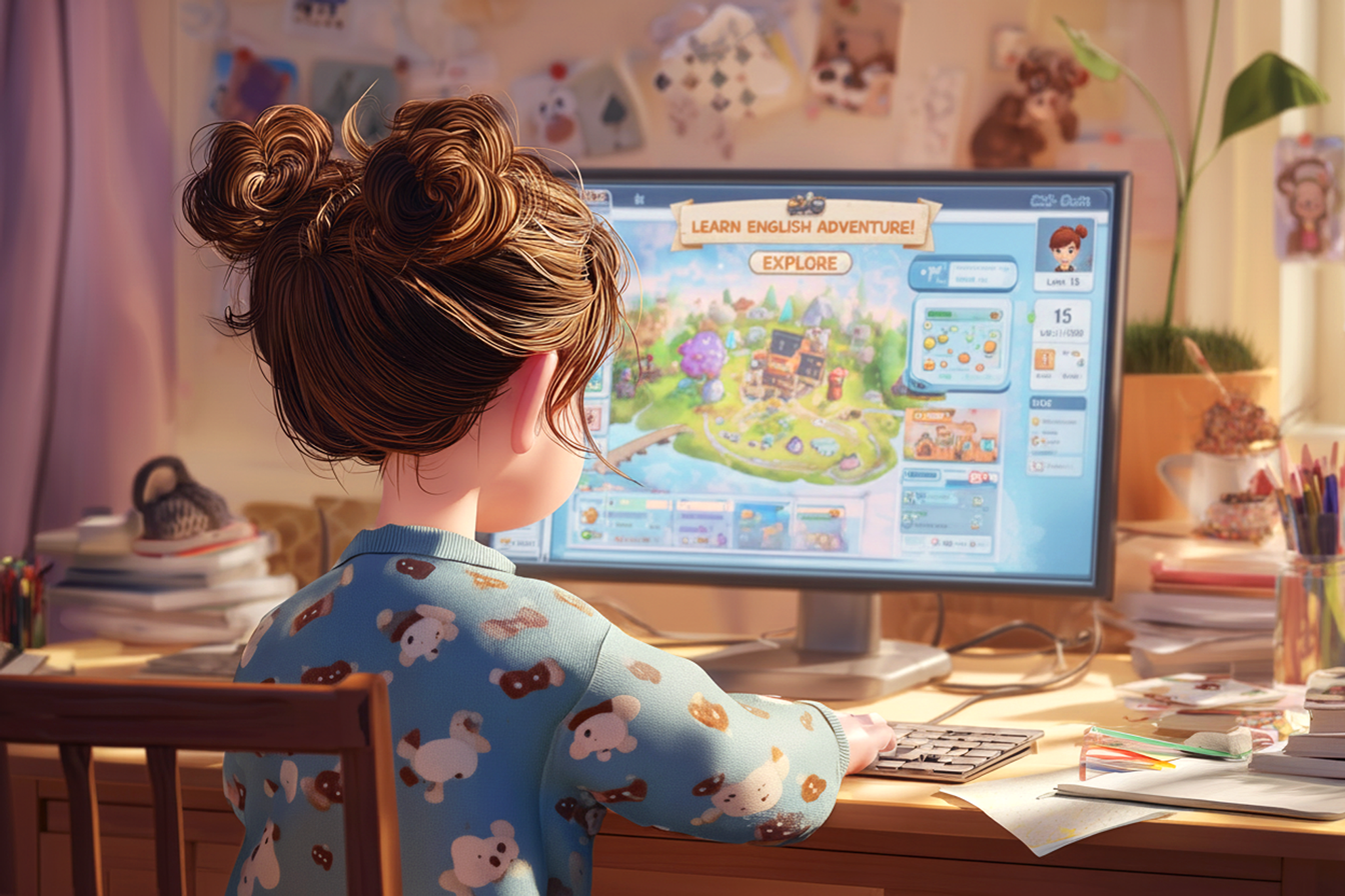 ילדה לומדת משחק באנגלית במחשב