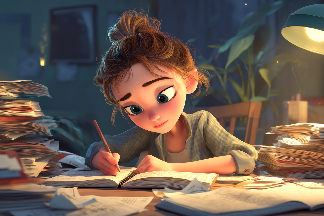 ילדה עושה שיעורי בית