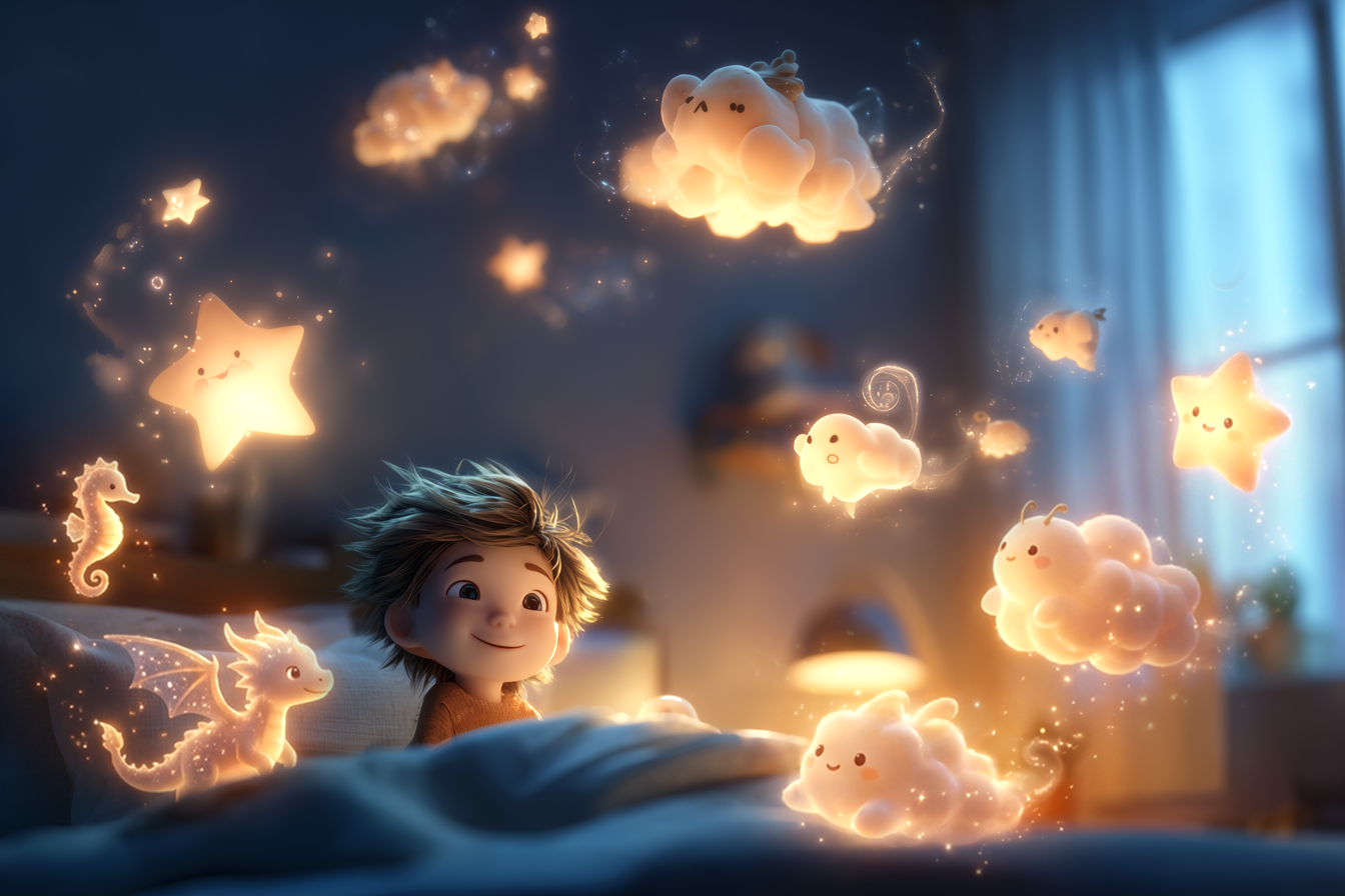 ילד מתעורר מחויך כשדמויות מהחלום מצוירות מעליו באוויר