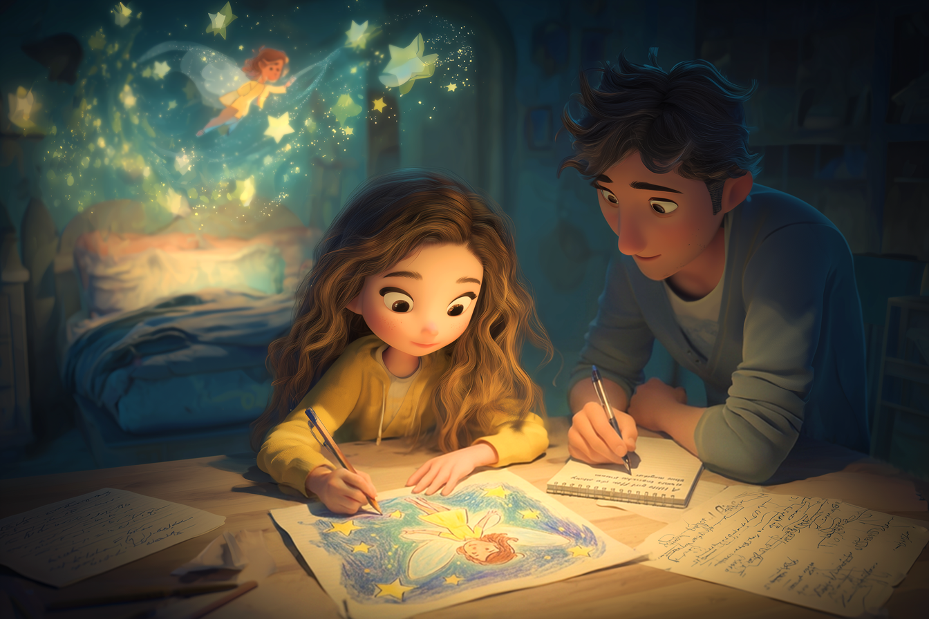 ילד מצייר חלום בזמן שהורה כותב באנגלית משפטים המתארים את הציור