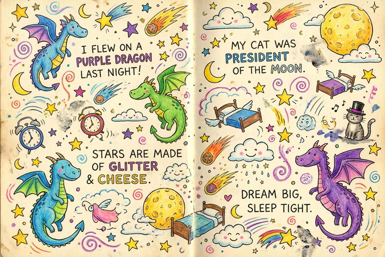 עמוד צבעוני ביומן חלומות עם משפטי אנגלית וציורים של דרקונים וכוכבים