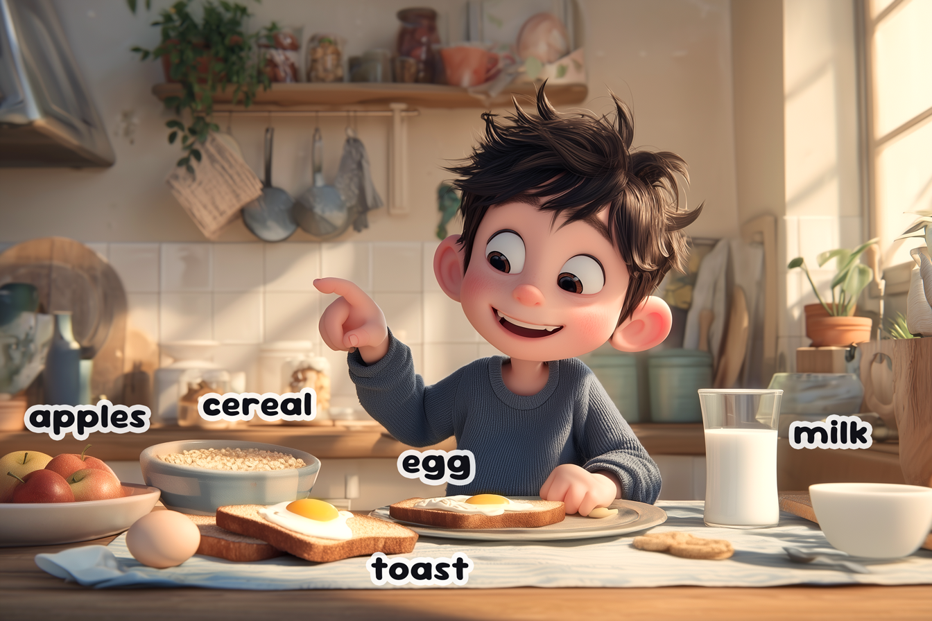 ילד מצביע על פריטי אוכל על השולחן ואומר את שמם באנגלית