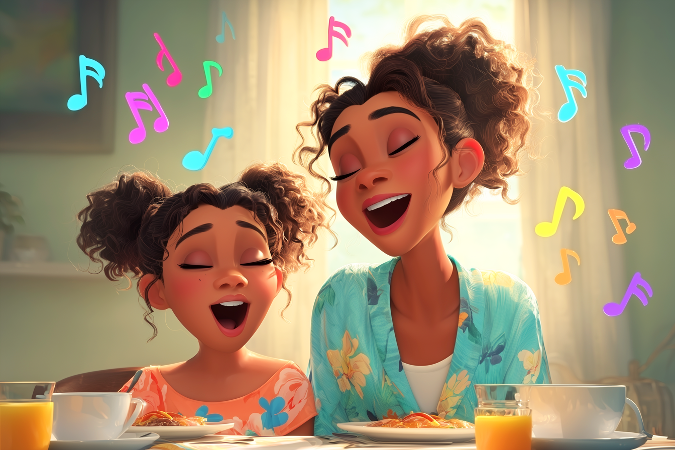 אמא ובת צוחקות בזמן שהן מאזינות לשיר קצר באנגלית בארוחת הבוקר