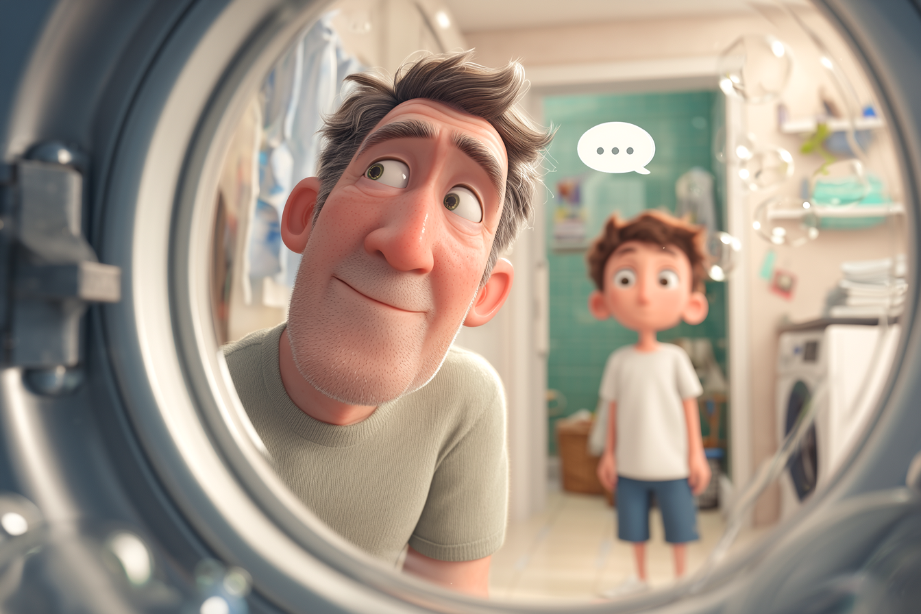 ילד נותן רמזים באנגלית בזמן שהורה מחפש בחיוך, ושניהם צוחקים מהמשחק