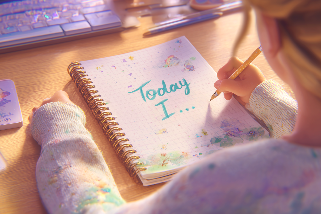 ילד יושב עם מחברת קטנה וכותב באנגלית