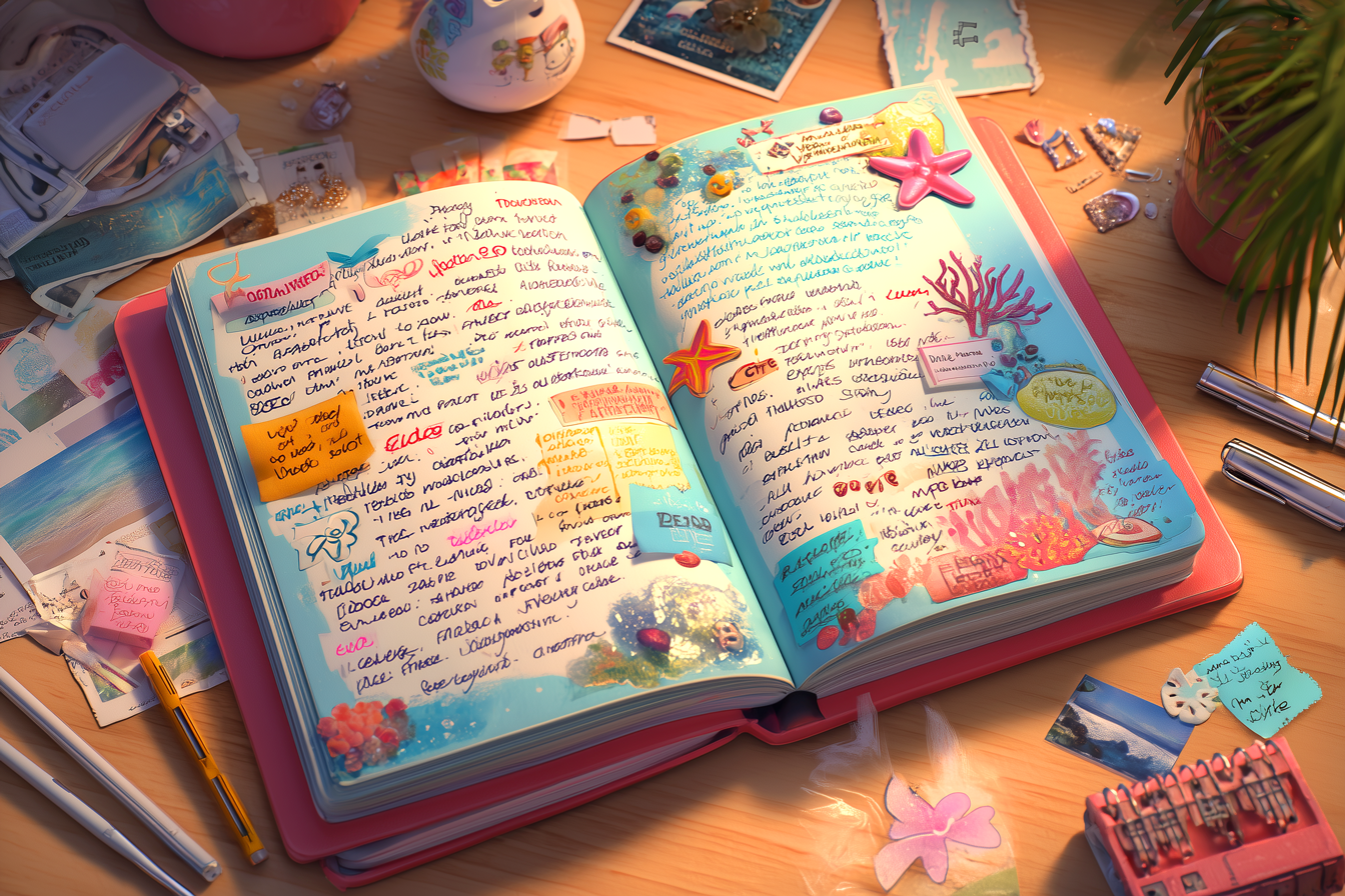 דף ביומן עם משפטים קצרים באנגלית בעט צבעוני, מדבקות וציורים קטנים