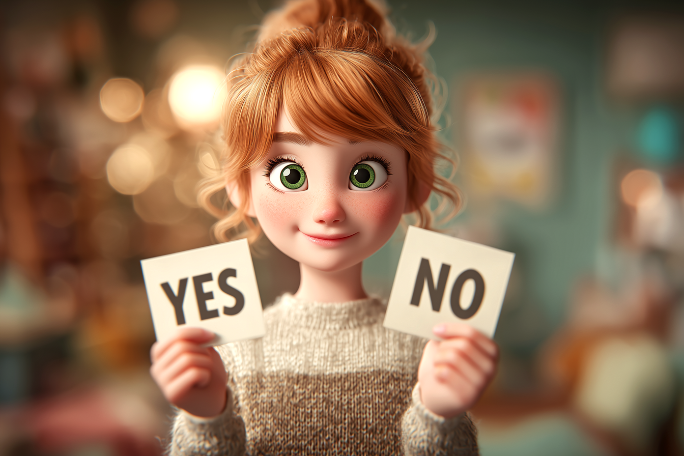 ילד מחזיק כרטיסיות “YES” ו-“NO” בזמן משחק שאלות באנגלית