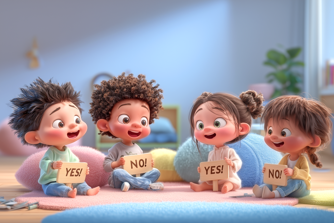 קבוצת ילדים יושבים במעגל ומחזיקים שלטים של YES/NO בזמן משחק אנגלית פעיל
