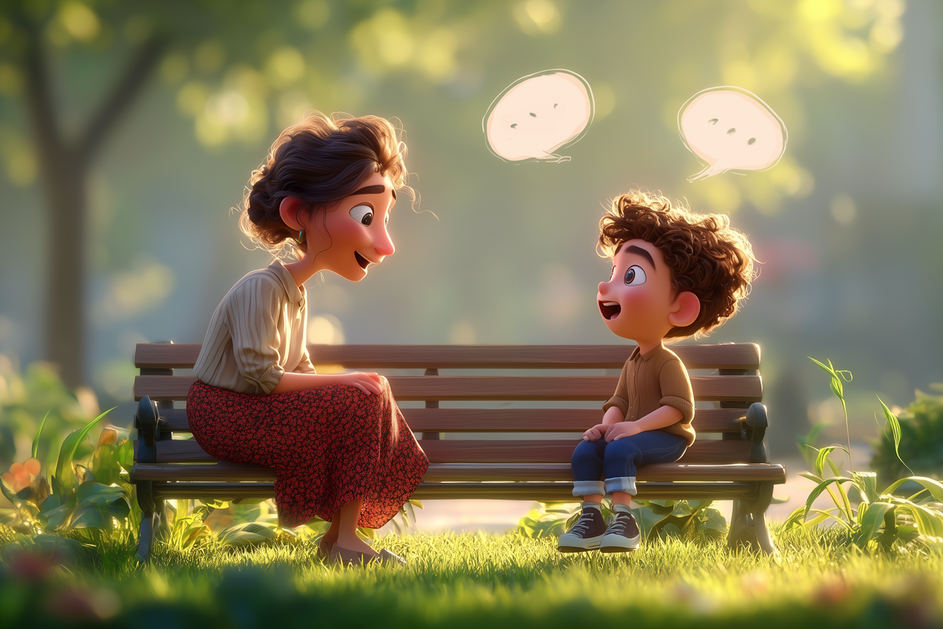 הורה וילד צוחקים בזמן משחק מהיר של שאלות Yes/No באנגלית.