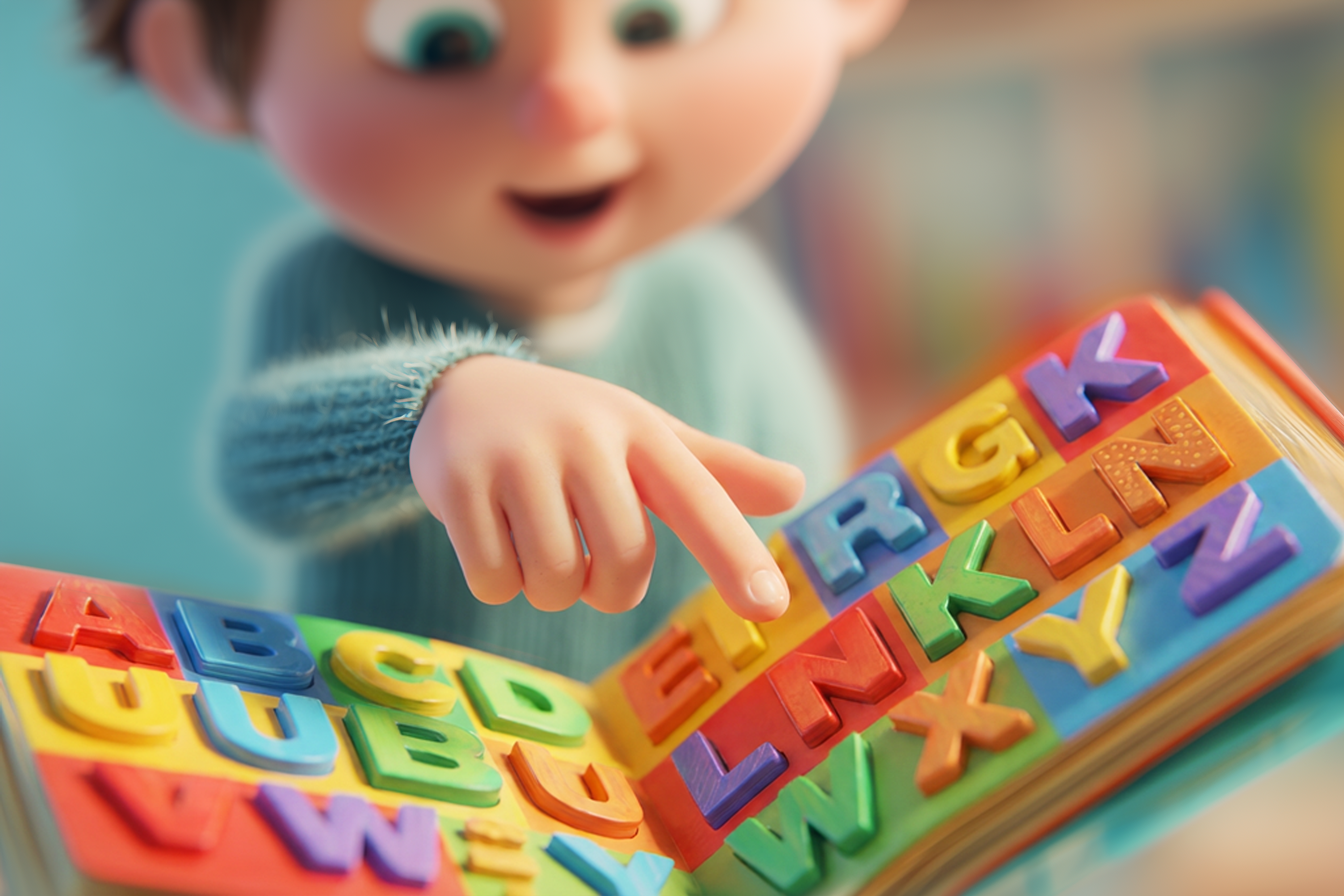 ילד מצביע על אותיות באנגלית בספר צבעוני באנגלית ומחייך