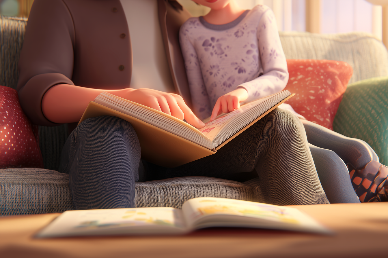 הורה וילד עוקבים עם האצבע אחר המילים בספר באנגלית