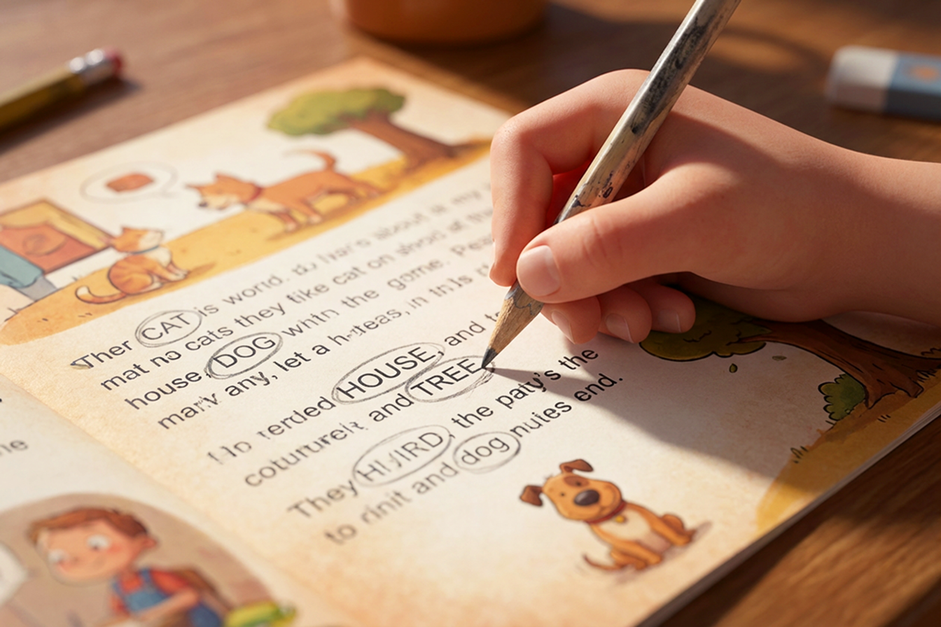 ילד מסמן בעיגול מילים שהוא מזהה באנגלית בדף סיפור מודפס